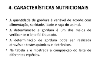 4. CARACTERÍSTICAS NUTRICIONAIS

• A quantidade de gordura é variável de acordo com
  alimentação, sanidade, idade e raça do animal.
• A determinação e gordura é um dos meios de
  verificar se o leite foi fraudado.
• A determinação de gordura pode ser realizada
  através de testes químicos e eletrônicos.
• Na tabela 2 é mostrada a composição do leite de
  diferentes espécies.
 