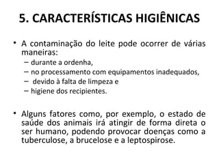5. CARACTERÍSTICAS HIGIÊNICAS
• A contaminação do leite pode ocorrer de várias
  maneiras:
  –   durante a ordenha,
  –   no processamento com equipamentos inadequados,
  –   devido à falta de limpeza e
  –   higiene dos recipientes.

• Alguns fatores como, por exemplo, o estado de
  saúde dos animais irá atingir de forma direta o
  ser humano, podendo provocar doenças como a
  tuberculose, a brucelose e a leptospirose.
 