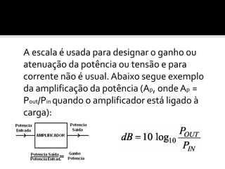 A escala é usada para designar o ganho ou
atenuação da potência ou tensão e para
corrente não é usual. Abaixo segue exemplo
da amplificação da potência (Ap, onde Ap =
Pout/Pin quando o amplificador está ligado à
carga):
 
