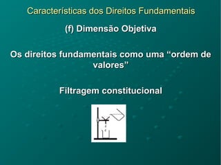 Características dos Direitos FundamentaisCaracterísticas dos Direitos Fundamentais
(f) Dimensão Objetiva(f) Dimensão Objetiva
Os direitos fundamentais como uma “ordem deOs direitos fundamentais como uma “ordem de
valores”valores”
Filtragem constitucionalFiltragem constitucional
 