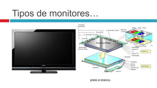 Tipos de monitores…
                  O LCD ( liquid cristal display), que em
                   português significa display de cristal
                   liquido, surgiu em 1970 pelas “mãos” do
                   fabricante suíço: “Brown Bovery & Cie”.
                  Consiste de um liquido polarizador da luz,
                   electricamente controlado que se encontra
                   comprimido dentro de células, entre duas
                   lâminas transparentes polarizadoras.
                  Podemos caracterizá-lo como um
                   dispositivo electrónico-óptico modelado,
                   composto por um determinado número de
                   pixéis, preenchidos com cristais líquidos e
                   dispostos em frente a uma fonte de luz de
                   modo a produzir imagens a cores ou a
                   preto e branco.
 