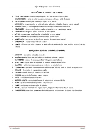 Língua Portuguesa – Texto Dramático
Prof. Paulo Almeida Página 2
PROFISSÕES RELACIONADAS COM O TEATRO
 CARACTERIZADOR – trata da maquilhagem e da caracterização dos actores
 CONTRA-REGRA – avisa os actores dos momentos de entrada e saída do palco
 ENCENADOR – encena (põe em cena) o espectáculo teatral
 ADERECISTA – responsabiliza-se pelos adereços (objectos utilizados durante a peça teatral)
 LUMINOTÉCNICO – encarrega-se dos efeitos luminosos do espectáculo teatral
 FIGURINISTA – desenha os figurinos usados pelos actores no espectáculo teatral
 CENÓGRAFO – imagina e realiza o cenário da peça teatral
 ACTOR – representa o papel que lhe foi atribuído na peça teatral
 DRAMATURGO – escreve o texto dramático a ser levado a cena
 SONOPLASTA – encarrega-se dos efeitos sonoros do espectáculo teatral
 ESPECTADOR – assiste ao espectáculo teatral
 PONTO – lê em voz baixa, durante a realização do espectáculo, para auxiliar a memória dos
actores.
ESPAÇOS E OBJECTOS DO ESPECTÁCULO TEATRAL
 ADEREÇOS – acessórios utilizados no teatro
 BALCÃO – galeria/avançado, à frente dos camarotes e sobre a plateia
 BASTIDORES – espaço do palco que não é visto pelos espectadores
 BILHETEIRA – guiché onde se compram os bilhetes para um espectáculo
 CAMARIM – gabinete onde os actores se vestem e se caracterizam
 CAMAROTES – pequenos compartimentos dispostos em andares onde se assiste ao espectáculo
 CENÁRIO – decoração do espaço de actuação
 COLUNAS – caixas acústicas para difusão de som
 CORDAS – conjunto de fios para erguer o pano
 FOYER – sala de entrada de um teatro
 GUARDA-ROUPA – conjunto de fatos e de adereços de um espectáculo
 PALCO – plataforma onde se apresenta o espectáculo
 PANO – cortina que separa o palco do público
 PLATEIA – espaço destinado aos espectadores, no pavimento inferior de um teatro
 PROJECTORES – aparelhos para enviar à distância e com intensidade a luz de um foco luminoso
 