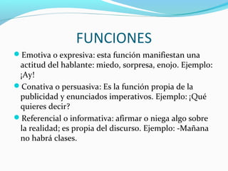 FUNCIONES
Emotiva o expresiva: esta función manifiestan una

actitud del hablante: miedo, sorpresa, enojo. Ejemplo:
¡Ay!
Conativa o persuasiva: Es la función propia de la
publicidad y enunciados imperativos. Ejemplo: ¡Qué
quieres decir?
Referencial o informativa: afirmar o niega algo sobre
la realidad; es propia del discurso. Ejemplo: -Mañana
no habrá clases.

 