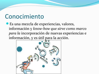 Conocimiento
Es una mezcla de experiencias, valores,

información y know-how que sirve como marco
para la incorporación de nuevas experiencias e
información, y es útil para la acción.

 