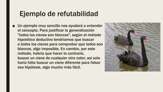 Ejemplo de refutabilidad
■ Un ejemplo muy sencillo nos ayudará a entender
el concepto. Para justificar la generalización
"todos los cisnes son blancos", según el método
hipotético deductivo tendríamos que buscar
a todos los cisnes para comprobar que todos son
blancos, algo imposible. En cambio, por este
método, habría que hacer lo contrario,
buscar un cisne de cualquier otro color; así solo
haría falta buscar un cisne diferente para falsar
esa hipótesis, algo mucho más fácil.
 