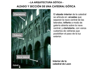 El alzado interior de la catedral
se articula en: arcadas que
separan la nave central de las
laterales; triforio a modo de
galería abierta sobre la nave
central; y claristorio, con vanos
cubiertos de vidrieras que
posibilitan el paso de la luz
exterior.
ALZADO Y SECCIÓN DE UNA CATEDRAL GÓTICA
- LA ARQUITECTURA GÓTICA -
Interior de la
catedral de Laon
Nave lateral
Triforio
Claristorio
 