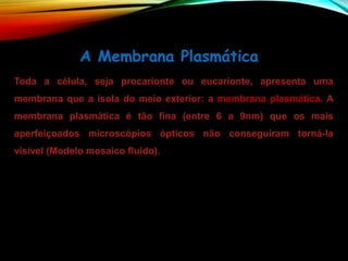 A Membrana Plasmática
Toda a célula, seja procarionte ou eucarionte, apresenta uma
membrana que a isola do meio exterior: a membrana plasmática. A
membrana plasmática é tão fina (entre 6 a 9nm) que os mais
aperfeiçoados microscópios ópticos não conseguiram torná-la
visível (Modelo mosaico fluido).
 
