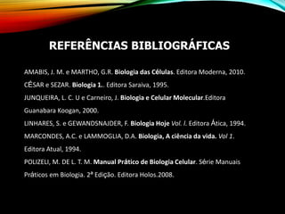 AMABIS, J. M. e MARTHO, G.R. Biologia das Células. Editora Moderna, 2010.
CÉSAR e SEZAR. Biologia 1.. Editora Saraiva, 1995.
JUNQUEIRA, L. C. U e Carneiro, J. Biologia e Celular Molecular.Editora
Guanabara Koogan, 2000.
LINHARES, S. e GEWANDSNAJDER, F. Biologia Hoje Vol. l. Editora Ática, 1994.
MARCONDES, A.C. e LAMMOGLIA, D.A. Biologia, A ciência da vida. Vol 1.
Editora Atual, 1994.
POLIZELI, M. DE L. T. M. Manual Prático de Biologia Celular. Série Manuais
Práticos em Biologia. 2ª Edição. Editora Holos.2008.
REFERÊNCIAS BIBLIOGRÁFICAS
 