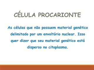 CÉLULA PROCARIONTE
As células que não possuem material genético
delimitado por um envoltório nuclear. Isso
quer dizer que seu material genético está
disperso no citoplasma.
Ciências, 8º Série
Características gerais da célula e suas estruturas
 