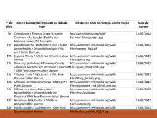 Tabela de Imagens
n° do
slide
direito da imagem como está ao lado da
foto
link do site onde se consegiu a informação Data do
Acesso
7b Cloroplastos / Thomas Dreps / Creative
Commons - Atribuição - Partilha nos
Mesmos Termos 2.0 Alemanha
http://pt.wikipedia.org/wiki/
Ficheiro:Chloroplasten.jpg
19/09/2012
12a Balantidium coli - trofozoite e cisto / Autor
Desconhecido / Disponibilizado por Filip
em / Public Domain.
http://commons.wikimedia.org/wiki/
File:Protozoa_Fig3.gif
19/09/2012
12b Euglena / Shazz / GNU Free Documentation
License
http://commons.wikimedia.org/wiki/
File:Euglena.svg
19/09/2012
12c Uma onça pintada no Milwaukee County
Zoological Gardens, em Wisconsin / Cburnett
/ GNU Free Documentation License
http://commons.wikimedia.org/wiki/
File:Jaguar_sitting-edit1.jpg
19/09/2012
13a Túbulos renais / JWSchmidt / GNU Free
Documentation License
http://commons.wikimedia.org/wiki/
File:Kidney_tubules.png
19/09/2012
13b Glóbulos vermelhos humanos / MDougM /
Public Domain
http://commons.wikimedia.org/wiki/
File:Sedimented_red_blood_cells.jpg
19/09/2012
13c Células musculares lisas / Autor
Desconhecido / Disponibiizado por
Goyitrina/ GNU Free Documentation License
http://commons.wikimedia.org/wiki/
File:MusculoLiso.jpg
19/09/2012
13d Neurônio / Nick Gorton / GNU Free
Documentation License
http://commons.wikimedia.org/wiki/
File:Neuron0.jpg
19/09/2012
13e Bacillus subtilis / Jacinthecote / GNU Free
Documentation License
http://commons.wikimedia.org/wiki/
File:Bacillus_subtilis_R0179.jpg
19/09/2012
 