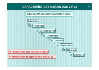 CARACTERÍSTICAS GERAIS DOS VÍRUSCARACTERÍSTICAS GERAIS DOS VÍRUS 1010
Adsorção
ETAPAS DA REPLICAÇÃO DOS VÍRUS:
Penetração
Descapsidação
TranscriçãoTranscrição
Tradução
Replicação
Maturação
Liberação
Podem variar para vírus DNA e RNA
Podem variar de acordo com o RNA (+ ou -)
 