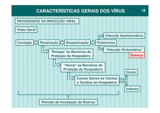 CARACTERÍSTICAS GERAIS DOS VÍRUSCARACTERÍSTICAS GERAIS DOS VÍRUS 1818
PATOGENESE DA INFECÇÃO VIRAL:
Visão Geral
Contágio Penetração Disseminação Pródromos
Infecção Assintomática
“Romper”as Barreiras de
Proteção do Hospedeiro
“Infecção Sintomática”
DoençaProteção do Hospedeiro
“Vencer”as Barreiras de
Proteção do Hospedeiro
Causar Danos as Células
e Tecidos do Hospedeiro
Direto
Indireto
Período de Incubação da DoençaPeríodo de Incubação da Doença
Doença
 