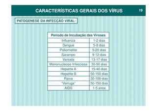 CARACTERÍSTICAS GERAIS DOS VÍRUSCARACTERÍSTICAS GERAIS DOS VÍRUS 1919
PATOGENESE DA INFECÇÃO VIRAL:
Período de Incubação das Viroses
Influenza 1-2 dias
Dengue 5-8 dias
Poliomielite 5-20 dias
Sarampo 9-12 diasSarampo 9-12 dias
Varicela 13-17 dias
Mononucleose Infecciosa 30-50 dias
Hepatite A 15-40 dias
Hepatite B 50-150 dias
Raiva 30-100 dias
“Verruga” 50-150 dias
AIDS 1-5 anos
 