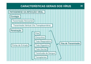 CARACTERÍSTICAS GERAIS DOS VÍRUSCARACTERÍSTICAS GERAIS DOS VÍRUS 2020
PATOGENESE DA INFECÇÃO VIRAL:
Contágio
Transmissão Horizontal
Transmissão Vertical (Via Transplacentária)
Penetração
Portas de Entrada
Pele
Conjuntiva
Trato Respiratório
Trato Genital
Trato Digestório
Transplantes
Transfusão de Sangue
Vias de Transmissão
 