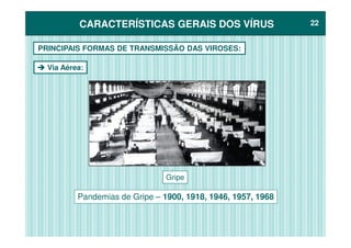 CARACTERÍSTICAS GERAIS DOS VÍRUSCARACTERÍSTICAS GERAIS DOS VÍRUS 2222
Via Aérea:
PRINCIPAIS FORMAS DE TRANSMISSÃO DAS VIROSES:
Pandemias de Gripe – 1900, 1918, 1946, 1957, 1968
Gripe
 