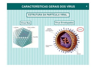 CARACTERÍSTICAS GERAIS DOS VÍRUSCARACTERÍSTICAS GERAIS DOS VÍRUS 44
ESTRUTURA DA PARTÍCULA VIRAL:
Vírus EnvelopadosVírus Nus
 