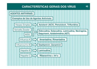 CARACTERÍSTICAS GERAIS DOS VÍRUSCARACTERÍSTICAS GERAIS DOS VÍRUS 4545
AGENTES ANTIVIRAIS:
Exemplos de Uso de Agentes Antivirais:
Aciclovir (ACV), Penciclovir, Trifluridina
Zidovudina, Estavudina, Lamivudina, Nevirapina,
Saquinavir, Azidotimidina (AZT)
Herpes Simples
Varicella-Zooster
AIDS Saquinavir, Azidotimidina (AZT)
Ribaravirina + Inf α
Lamivudina
Oseltamivir; Zanamivir
Amantadina; Rimantadina
AIDS
Hepatite C
Hepatite B
Influenza A
Influenza A e B
 
