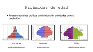Pirámides de edad
• Representaciones graficas de distribución de edades de una
población.
BASE ANCHA
Población en expancion
CAMPANA
Población Estable
URNA
Población en decadencia
 