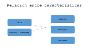 Relación entre características
DENSIDAD
CRECIMIENTO POBLACIONAL
NATALIDAD
MORTALIDAD
DISPERCION
 