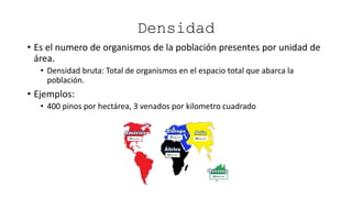 Densidad
• Es el numero de organismos de la población presentes por unidad de
área.
• Densidad bruta: Total de organismos en el espacio total que abarca la
población.
• Ejemplos:
• 400 pinos por hectárea, 3 venados por kilometro cuadrado
 