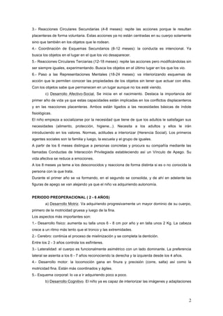 2
3.- Reacciones Circulares Secundarias (4-8 meses): repite las acciones porque le resultan
placenteras de forma voluntaria. Estas acciones ya no están centradas en su cuerpo solamente
sino que también en los objetos que le rodean.
4.- Coordinación de Esquemas Secundarios (8-12 meses): la conducta es intencional. Ya
busca los objetos en el lugar en el que los vio desaparecer.
5.- Reacciones Circulares Terciarias (12-18 meses): repite las acciones pero modificándolas sin
ser siempre iguales, experimentando. Busca los objetos en el último lugar en los que los vio.
6.- Paso a las Representaciones Mentales (18-24 meses): va interiorizando esquemas de
acción que le permiten conocer las propiedades de los objetos sin tener que actuar con ellos.
Con los objetos sabe que permanecen en un lugar aunque no los esté viendo.
c) Desarrollo Afectivo-Social. Se inicia en el nacimiento. Destaca la importancia del
primer año de vida ya que estas capacidades están implicadas en los conflictos displacenteros
y en las reacciones placenteras. Ambos están ligados a las necesidades básicas de índole
fisiológicas.
El niño empieza a socializarse por la necesidad que tiene de que los adultos le satisfagan sus
necesidades (alimento, protección, higiene...). Necesita a los adultos y ellos le irán
introduciendo en los valores. Normas, actitudes a interiorizar (Herencia Social). Los primeros
agentes sociales son la familia y luego, la escuela y el grupo de iguales.
A partir de los 6 meses distingue a personas concretas y procura su compañía mediante las
llamadas Conductas de Interacción Privilegiada estableciendo así un Vínculo de Apego. Su
vida afectiva se reduce a emociones.
A los 8 meses ya teme a los desconocidos y reacciona de forma distinta si es o no conocida la
persona con la que trata.
Durante el primer año se va formando, en el segundo se consolida, y de ahí en adelante las
figuras de apego se van alejando ya que el niño va adquiriendo autonomía.
PERIODO PREOPERACIONAL ( 2 - 6 AÑOS)
a) Desarrollo Motriz. Va adquiriendo progresivamente un mayor dominio de su cuerpo,
primero de la motricidad gruesa y luego de la fina.
Los aspectos más importantes son:
1.- Desarrollo físico: aumenta su talla unos 6 - 8 cm por año y en talla unos 2 Kg. La cabeza
crece a un ritmo más lento que el tronco y las extremidades.
2.- Cerebro: continúa el proceso de mielinización y se completa la dentición.
Entre los 2 - 3 años controla los esfínteres.
3.- Lateralidad: el cuerpo es funcionalmente asimétrico con un lado dominante. La preferencia
lateral se asienta a los 6 - 7 años reconociendo la derecha y la izquierda desde los 4 años.
4.- Desarrollo motor: la locomoción gana en finura y precisión (corre, salta) así como la
motricidad fina. Están más coordinados y ágiles.
5.- Esquema corporal: lo va a ir adquiriendo poco a poco.
b) Desarrollo Cognitivo. El niño ya es capaz de interiorizar las imágenes y adaptaciones
 