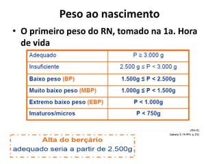 Peso ao nascimento
• O primeiro peso do RN, tomado na 1a. Hora
de vida
 