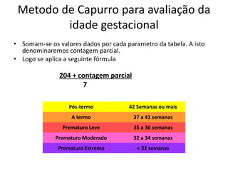 Metodo de Capurro para avaliação da
idade gestacional
• Somam-se os valores dados por cada parametro da tabela. A isto
denominaremos contagem parcial.
• Logo se aplica a seguinte fórmula
204 + contagem parcial
7
Pós-termo 42 Semanas ou mais
A termo 37 a 41 semanas
Prematuro Leve 35 a 36 semanas
Prematuro Moderado 32 a 34 semanas
Prematuro Extremo < 32 semanas
 