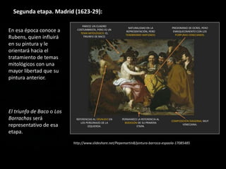 Segunda etapa. Madrid (1623-29):
En esa época conoce a
Rubens, quien influirá
en su pintura y le
orientará hacia el
tratamiento de temas
mitológicos con una
mayor libertad que su
pintura anterior.
El triunfo de Baco o Los
Borrachos será
representativo de esa
etapa.
http://www.slideshare.net/PepemartinB/pintura-barroca-espaola-17085485
 