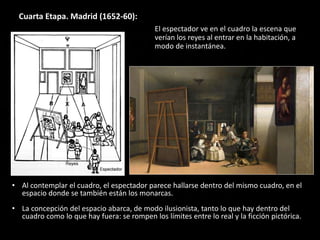 Cuarta Etapa. Madrid (1652-60):
• Al contemplar el cuadro, el espectador parece hallarse dentro del mismo cuadro, en el
espacio donde se también están los monarcas.
• La concepción del espacio abarca, de modo ilusionista, tanto lo que hay dentro del
cuadro como lo que hay fuera: se rompen los límites entre lo real y la ficción pictórica.
El espectador ve en el cuadro la escena que
verían los reyes al entrar en la habitación, a
modo de instantánea.
 