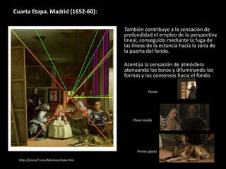 Cuarta Etapa. Madrid (1652-60):
http://jmora7.com/Meninas/index.htm
También contribuye a la sensación de
profundidad el empleo de la perspectiva
lineal, conseguido mediante la fuga de
las líneas de la estancia hacia la zona de
la puerta del fondo.
Acentúa la sensación de atmósfera
atenuando los tonos y difuminando las
formas y los contornos hacia el fondo.
Plano medio
Primer plano
Fondo
 