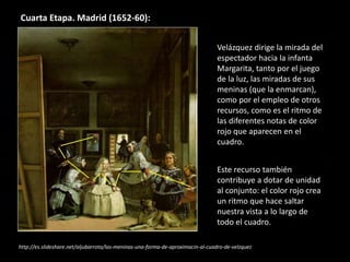 Cuarta Etapa. Madrid (1652-60):
http://es.slideshare.net/aljubarrota/las-meninas-una-forma-de-aproximacin-al-cuadro-de-velzquez
Velázquez dirige la mirada del
espectador hacia la infanta
Margarita, tanto por el juego
de la luz, las miradas de sus
meninas (que la enmarcan),
como por el empleo de otros
recursos, como es el ritmo de
las diferentes notas de color
rojo que aparecen en el
cuadro.
Este recurso también
contribuye a dotar de unidad
al conjunto: el color rojo crea
un ritmo que hace saltar
nuestra vista a lo largo de
todo el cuadro.
 