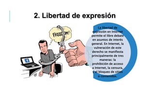 2. Libertad de expresión
La libertad de
expresión en Internet
permite el libre debate
en asuntos de interés
general. En Internet, la
vulneración de este
derecho se manifiesta
principalmente de tres
maneras: la
prohibición de acceso
a Internet, la censura,
y el bloqueo de sitios
o contenidos.
 