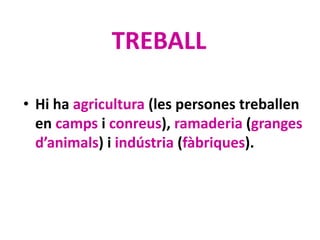 TREBALL
• Hi ha agricultura (les persones treballen
en camps i conreus), ramaderia (granges
d’animals) i indústria (fàbriques).
 