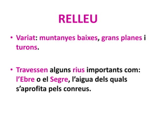 RELLEU
• Variat: muntanyes baixes, grans planes i
turons.
• Travessen alguns rius importants com:
l’Ebre o el Segre, l’aigua dels quals
s’aprofita pels conreus.
 