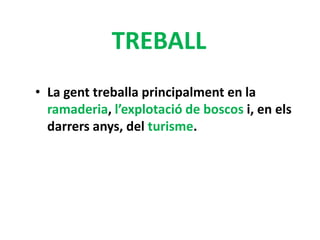 TREBALL
• La gent treballa principalment en la
ramaderia, l’explotació de boscos i, en els
darrers anys, del turisme.
 