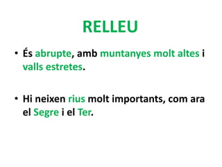 RELLEU
• És abrupte, amb muntanyes molt altes i
valls estretes.
• Hi neixen rius molt importants, com ara
el Segre i el Ter.
 