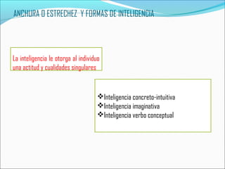 ANCHURA O ESTRECHEZ Y FORMAS DE INTELIGENCIA
La inteligencia le otorga al individuo
una actitud y cualidades singulares
Inteligencia concreto-intuitiva
Inteligencia imaginativa
Inteligencia verbo conceptual
 
