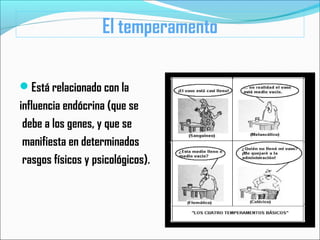 El temperamento
Está relacionado con la
influencia endócrina (que se
debe a los genes, y que se
manifiesta en determinados
rasgos físicos y psicológicos).
 