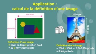 Application :
calcul de la définition d’une image
Définition d’une image
= pixel en larg x pixel en haut
= 50 x 40 = 2000 pixels
Définition d’une image
= 2000 x 3000 = 6 000 000 pixels
= 6 Mégapixels
2000 px
 