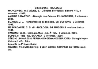 Bibliografia - BIOLOGIA
MARCZWSKI, M & VÉLEZ, E. - Ciências Biológicas, Editora FTD, 3
volumes. - 1999.
AMABIS & MARTHO. - Biologia das Células, Ed. MODERNA, 3 volumes.-
2007.
SOARES, J. L. - Fundamentos de Biologia. Ed. SCIPIONE - 3 volumes-
1999.
MERCADANTE, C. Et alii - BIOLOGIA, Ed. MODERNA - volume único-
1999.
PAULINO, W. R. - Biologia Atual - Ed. ÄTICA - 3 volumes- 2006.
LOPES, S. - Bio - Ed. SARAIVA - 3 volumes.- 2006.
SÉRGIO LINHARES & FERNANDO GEWANDSZNAJDER - Biologia Hoje -
Volume 1 - Ed. Ática
Apostila de Pré-vestibular
Revistas- Veja;Ciência Hoje; Super; Galileu; Caminhos da Terra; Saúde,
etc..
 
