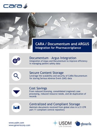 www.usdm.com
www.generiscorp.com
CARA / Documentum and ARGUS
Integration for Pharmacovigilance
Documentum – Argus Integration
Integration of Argus and Documentum to improve efficiency
in managing patient safety data
Secure Content Storage
Leverage the scalability and security of CARA/Documentum
for storing Serious Adverse Event (SAE) data
Centralized and Compliant Storage
Maintain documents received from global sites in a 21 CFR
part 11 compliant central repository
Cost Savings
From reduced licensing, consolidated (regional) case
processing, reduced resource needs, and de-duplication of
records
 