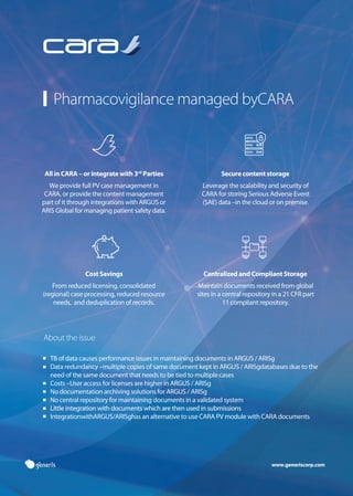 www.generiscorp.com
PharmacovigilancemanagedbyCARA
Abouttheissue
AllinCARA–orintegratewith3rd
Parties
WeprovidefullPVcasemanagementin
CARA,orprovidethecontentmanagement
partofitthroughintegrationswithARGUSor
ARISGlobalformanagingpatientsafetydata.
Securecontentstorage
Leveragethescalabilityandsecurityof
CARAforstoringSeriousAdverseEvent
(SAE)data–inthecloudoronpremise.
CostSavings
Fromreducedlicensing,consolidated
(regional)caseprocessing,reducedresource
needs,anddeduplicationofrecords.
CentralizedandCompliantStorage
Maintaindocumentsreceivedfromglobal
sitesinacentralrepositoryina21CFRpart
11compliantrepository.
TBofdatacausesperformanceissuesinmaintainingdocumentsinARGUS/ARISg
Dataredundancy–multiplecopiesofsamedocumentkeptinARGUS/ARISgdatabasesduetothe
needofthesamedocumentthatneedstobetiedtomultiplecases
Costs–UseraccessforlicensesarehigherinARGUS/ARISg
NodocumentationarchivingsolutionsforARGUS/ARISg
Nocentralrepositoryformaintainingdocumentsinavalidatedsystem
LittleintegrationwithdocumentswhicharethenusedinsubmissionsLittleintegrationwithdocumentswhicharethenusedinsubmissions
IntegrationwithARGUS/ARISghasanalternativetouseCARAPVmodulewithCARAdocuments
 