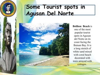 Some Tourist spots in
Agusan Del Norte
Bolihon Beach is
one of the most
popular tourist
spots in Agusan
del Norte on its
coast facing the
Butuan Bay. It is
a long stretch of
white sand mixed
with coral beach
decorated with
trees arrayed with
cottages.
 