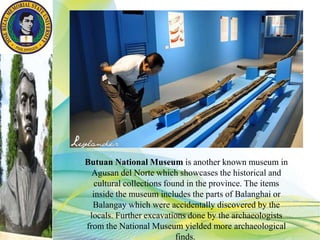 Butuan National Museum is another known museum in
Agusan del Norte which showcases the historical and
cultural collections found in the province. The items
inside the museum includes the parts of Balanghai or
Balangay which were accidentally discovered by the
locals. Further excavations done by the archaeologists
from the National Museum yielded more archaeological
finds.
 