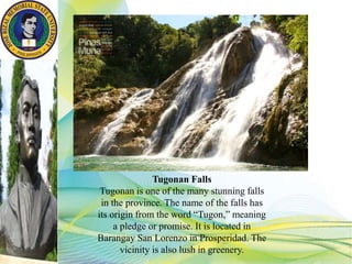Tugonan Falls
Tugonan is one of the many stunning falls
in the province. The name of the falls has
its origin from the word “Tugon,” meaning
a pledge or promise. It is located in
Barangay San Lorenzo in Prosperidad. The
vicinity is also lush in greenery.
 