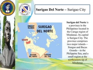 Surigao Del Norte – Surigao City
Surigao del Norte is
a province in the
Philippines located in
the Caraga region of
Mindanao. Its capital
is Surigao City. The
province comprises
two major islands—
Siargao and Bucas
Grande—in the
Philippine Sea, and a
small region at the
northeastern tip of
Mindanao
 