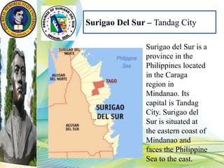 Surigao Del Sur – Tandag City
Surigao del Sur is a
province in the
Philippines located
in the Caraga
region in
Mindanao. Its
capital is Tandag
City. Surigao del
Sur is situated at
the eastern coast of
Mindanao and
faces the Philippine
Sea to the east.
 