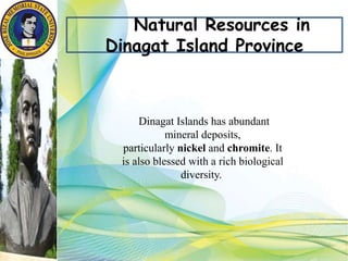 Natural Resources in
Dinagat Island Province
Dinagat Islands has abundant
mineral deposits,
particularly nickel and chromite. It
is also blessed with a rich biological
diversity.
 