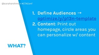 @caraharshman #CTAConf
B
A
- 1.5% engagement
- 113% views of Solutions page
- 117% starts account-create
process
- No effect down funnel on leads
Quantitative
Impact
 