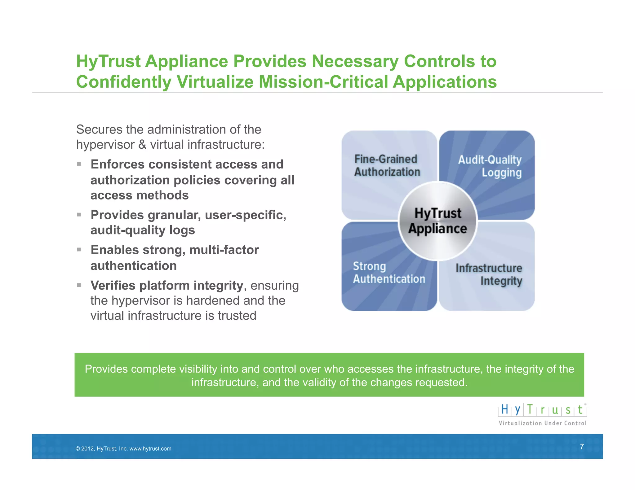 HyTrust Appliance Provides Necessary Controls to
Confidently Virtualize Mission-Critical Applications

Secures the administration of the
hypervisor & virtual infrastructure:
  Enforces consistent access and
   authorization policies covering all
   access methods
  Provides granular, user-specific,
   audit-quality logs
  Enables strong, multi-factor
   authentication
  Verifies platform integrity, ensuring
   the hypervisor is hardened and the
   virtual infrastructure is trusted



   Provides complete visibility into and control over who accesses the infrastructure, the integrity of the
                        infrastructure, and the validity of the changes requested.




© 2012, HyTrust, Inc. www.hytrust.com                                                                         7
 